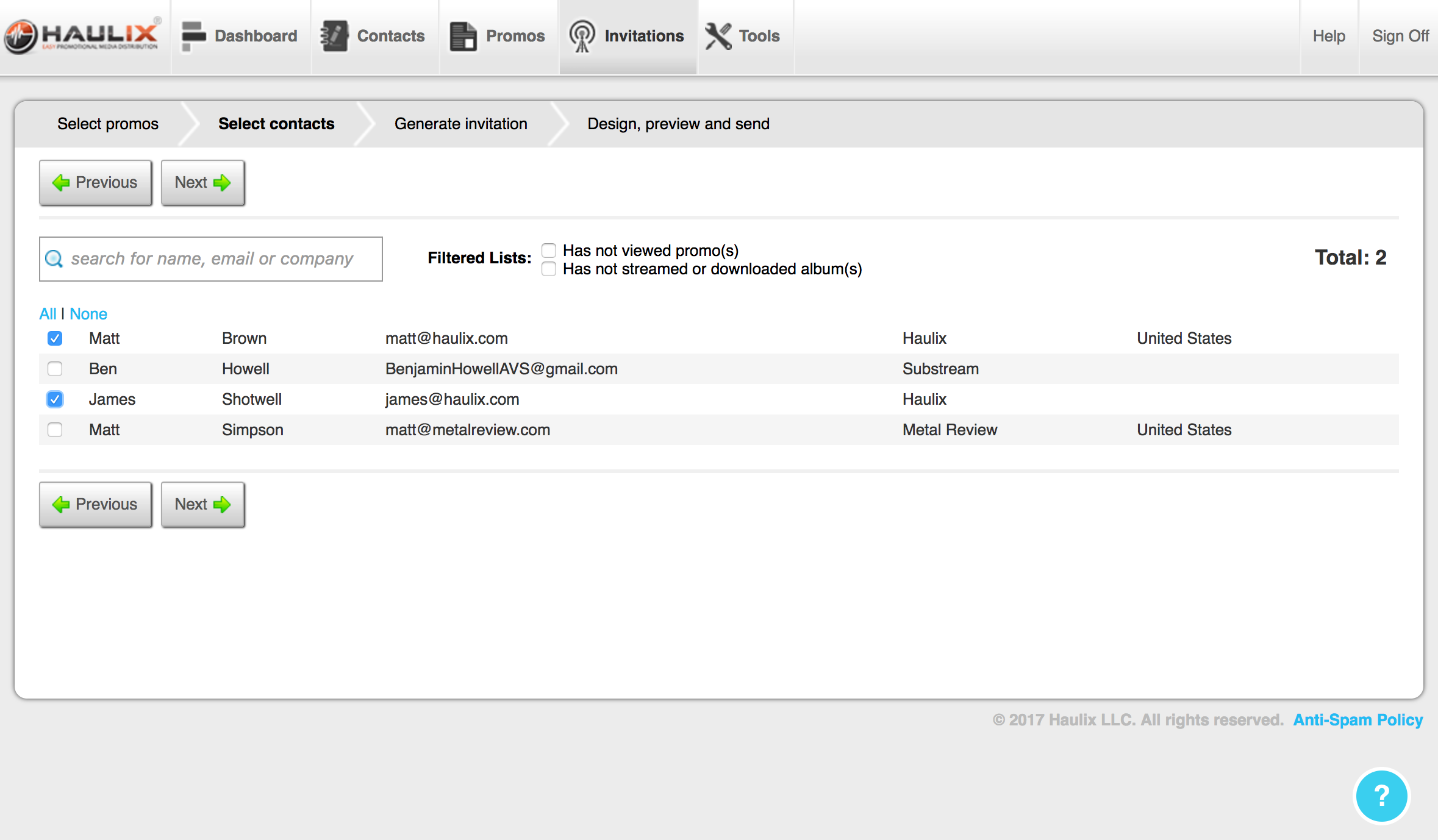 Email Invitations - Contact Selection